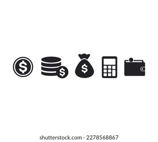 Finance set icons. Money silhouette collection. Wallet with coins icon. Coins silhouette icon. Money Bag or stash. Calculating machine. Business Icons, money signs vector design and illustration.

