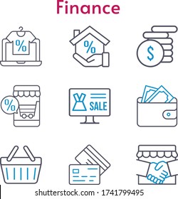 finance set. included online shop, handshake, mortgage, wallet, money, shopping-basket, credit card icons. bicolor styles.