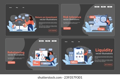 Finance set. Insights into ROI growth, assessing risk tolerance, strategy rebalancing, and maintaining liquidity. Analyzing financial graphs, balancing portfolios, and evaluating assets. Flat vector