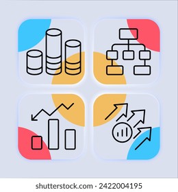Finance set line icon. Pie graph, coins, bank, money, company management, enterprise, growth and fall. Glassmorphism style. Vector line icon for business and advertising