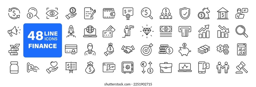 Finance set of web icons in line style. Money and Payment icons for web and mobile app. Money, payments, financial report, pay, banking, business, coin and more. Vector illustration