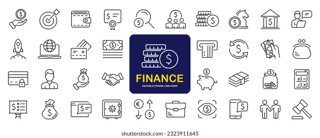Finance set of web icons in line style. Money and Payment icons for web and mobile app. Money, payments, financial report, pay, banking, business, coin and more. Vector illustration svg