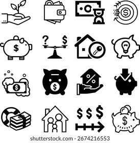 Conjunto de finanzas de iconos web en estilo de línea. Iconos de dinero y pago para el Web y el App móvil. Dinero, pagos, informe financiero, pago, banca, negocios, monedas y más. Ilustración vectorial