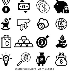 Conjunto de finanzas de iconos web en estilo de línea. Iconos de dinero y pago para el Web y el App móvil. Dinero, pagos, informe financiero, pago, banca, negocios, monedas y más. Ilustración vectorial
