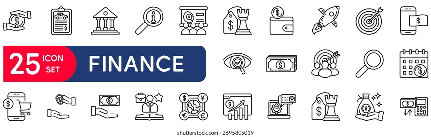 Conjunto de iconos web de finanzas en estilo de línea Concepto de Ilustración vectorial relacionado con finanzas, dinero, préstamo, impuestos, economía, banco, línea, financiero, efectivo
