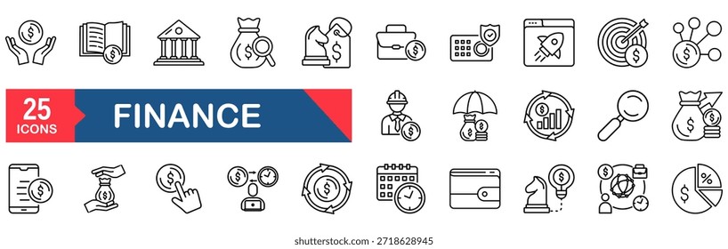 Finanz-Set von Web-Icons im Linienstil. Vektorgrafik-Konzept für Finanzen, Geld, Kredit, Steuern, Wirtschaft, Bank, Finanzen, Bargeld, Einnahmen, Satz, Zahlung, online, Münze, Geschäft, Vektor, Gewinn