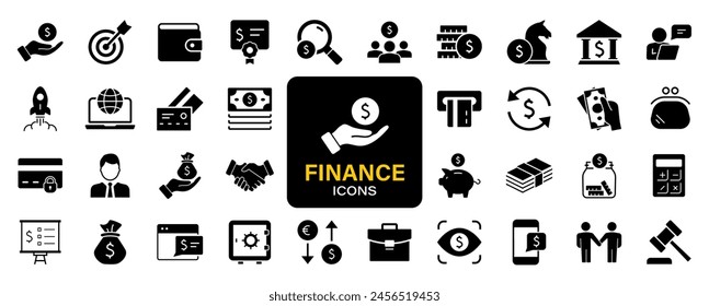 Finance set of web icons. Money and Payment icons for web and mobile app. Money, payments, financial report, pay, banking, business, coin and more. Solid vector icons collection