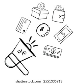 Finance and shopping icons floating in black and white, Vector