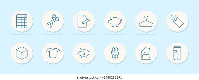 Icono de finanzas y compras. Hucha, percha, etiqueta y gráfico. Concepto de gestión de dinero, venta minorista y presupuesto.