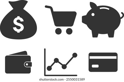 Finance silhouette icon set, Piggy Bank, Bar Chart, Credit Card, Wallet, Money Bag vector art