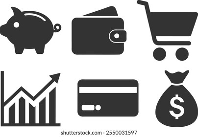 Conjunto de iconos de silueta financiera, alcancía, gráfico de barras, tarjeta de crédito, billetera, Arte vectorial de bolsa de dinero