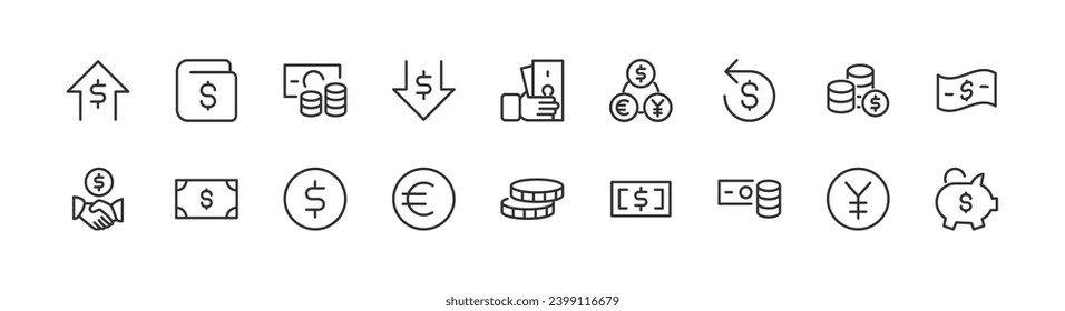 finance simple icon set. Outline editable stroke. Pixel perfect 24x24px. Isolated on a white background