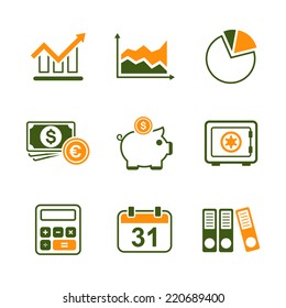 Finance Simple Vector Icon Set - Diagram, Graph, Cash, Money Box, Safe, Calculator, Calendar And Documents