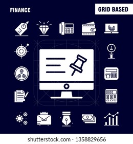 Finance Solid Glyph Icons Set For Infographics, Mobile UX/UI Kit And Print Design. Include: Computer, Pin, Text, Finance, Search, Research, Finance, Man, Icon Set - Vector