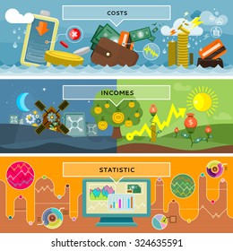 Finance statistic costs and incomes. Money and business, profit and investment, growth cash, banking currency, pay and market, bookkeeping report, accounting and credit illustration