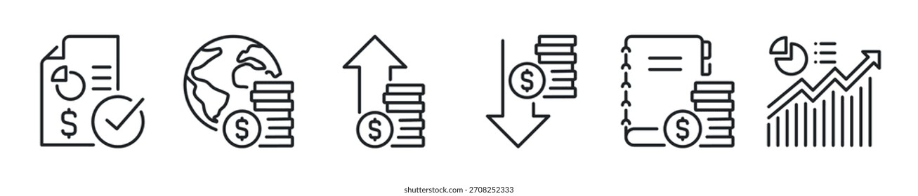 Finanz-Statistik dünne Linie Symbol gesetzt. Web-Minimalsymbole
