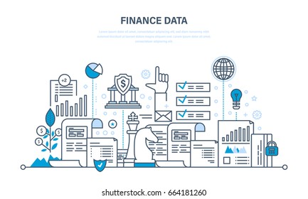 Finance and statistical data, security of payment and money, strategy, business planning, analytics, investment. Illustration thin line design of vector doodles