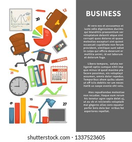 Finance and statistics business graph chart or diagram vector office chair and briefcase smartphone and folders clock and calendar laptop and lamp pencil and pen analytical data entrepreneurship