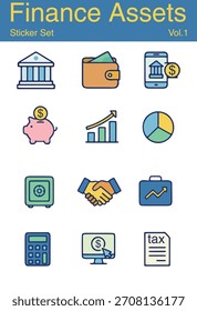 Conjunto de pegatinas de finanzas con íconos de dinero, símbolos bancarios, ahorros, planificación presupuestaria, Elementos de inversión y gráficos de gestión financiera. Ideal para proyectos empresariales, fintech y educativos.