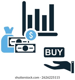Finance stock purchase icon vector depicting buying shares, investment, and market activity. Suitable for trading platforms, financial apps, and investment portfolios.