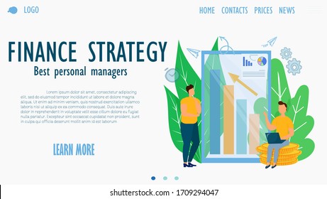 Finance strategy template, landing page, concept stock vector illustration. Character man sitting on coins with laptop near diagrams and making consultation about finances for client.
