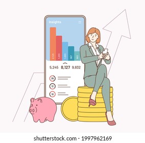 Finance strategy, working, business analyse app. Young smiling businesswoman cartoon character sitting and calculating incomes expenditure analyzing investment data statistics.