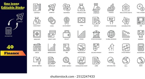 Conjunto de iconos de esquema de trazo financiero. Esta colección incluye íconos de préstamos, efectivo, ahorros, objetivos financieros, ganancias, presupuestos, fondos mutuos, ganancias e ingresos. Un conjunto completo de iconos de trazo de
