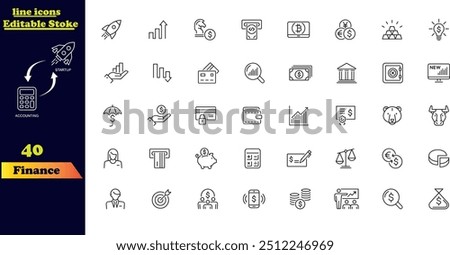 Finance Stroke Outline Icon Set. This collection includes icons for loans, cash, savings, financial goals, profits, budgets, mutual funds, earnings, and revenue. A comprehensive set of stroke icons de