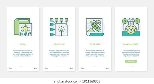 Finance successful idea to make money vector illustration. UX, UI onboarding mobile app page screen set with line financial technology making money, increasing income, creative success startup symbols