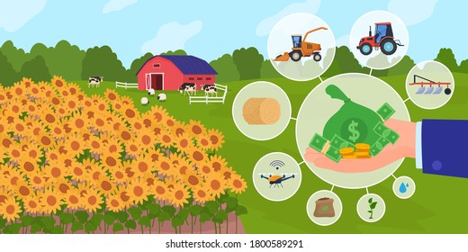 Finance support for agriculture business vector illustration. Cartoon flat businessman hand financing new agricultural farm technology, buying farmers equipment, agribusiness management background