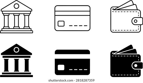 Finance symbol set showing bank credit card and leather wallet icons in outline and solid styles presented on transparent background 123456