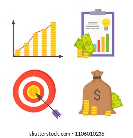 Finance symbols collection, set of icons target on dartboard, charts money, bag and notebook, vector illustration isolated white background, darts save