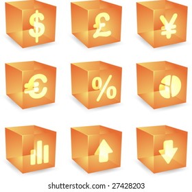 Finance symbols icon set over translucent cubes