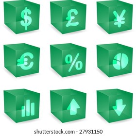 Ícone de símbolos financeiros definido sobre cubos translúcidos