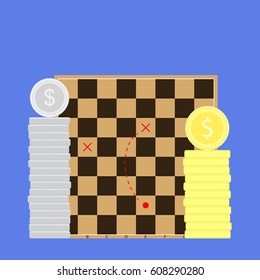 Finance tactic business. Scheme of method on chessboard, organize vision, vector illustration