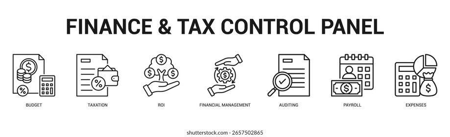 Painel de controle de finanças e impostos Ilustração moderna e limpa de banner da Web com ícones temáticos para comunicação visual