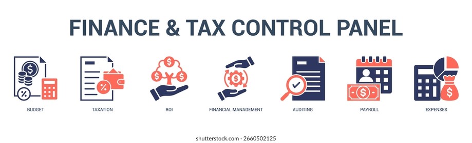 Painel de controle de finanças e impostos Ilustração moderna e limpa de banner da Web com ícones temáticos para comunicação visual
