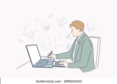 Finance and tax counting system concept. Young accounting businessmen cartoon character sitting and calculating incomes expenditure analyzing investment data statistics vector illustration