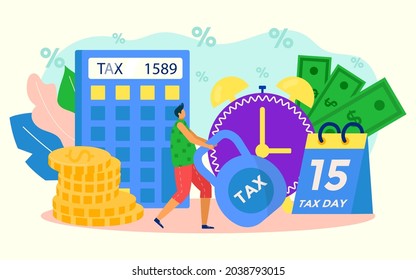 Finance tax, high money rates concept, vector illustration, tiny flat man character hold financial weight, stand near calculator, calendar