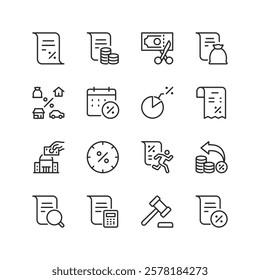 Finance and Taxation, linear style icon set. Financial management and tax. Bills, percentages, audits, charts, and legal elements. Editable stroke width