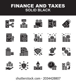 Finance and Taxes icons symbol set with solid black style. Contains such Icons as taxes, cut tax, finance, wallet, budget, book, secure, banking, value and more. Isolated on white background.