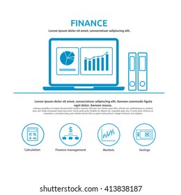 Finance team workplace illustration concept with notebook screen and icons vector website banner template