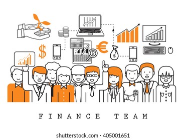 Finance Team-On White Background-Vector Illustration, Graphic Design.Business Content For Web,Websites,Magazine Page,Print,Presentation Templates And Promotional Materials.Businesspeople Thin Line