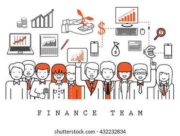 Finance Team-On White Background-Vector Illustration, Graphic Design.Business Content For Web,Websites,Magazine Page,Print,Presentation Templates And Promotional Materials.Businesspeople Thin Line