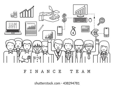 Finance Team-On White Background-Vector Illustration, Graphic Design.Business Content For Web,Websites,Magazine Page,Print,Presentation Templates And Promotional Materials.Businesspeople Thin Line