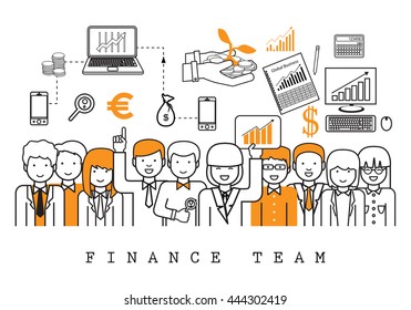 Finance Team-On White Background-Vector Illustration, Graphic Design.Business Content For Web,Websites,Magazine Page,Print,Presentation Templates And Promotional Materials.Businesspeople Thin Line