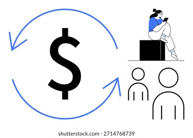 Finanças, trabalho em equipe, plataformas digitais, comunicação econômica, conexão do usuário, colaboração de negócios. Sinal de dólar com setas, indivíduos comunicando-se digitalmente. Conceito de finanças e trabalho em equipe