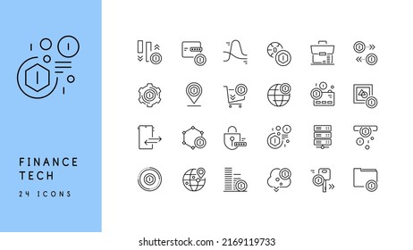 Finance technologies. Digital money. Set of 24 line art icons. Vector file.