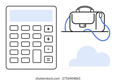 Finance, technology, business tools, cloud computing, office resources, calculation methods. Simple calculator, briefcase and cloud icon. Finance and technology concept for business solutions