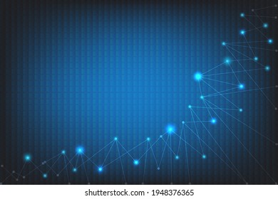 Finance technology deep blue background. Data connection with line and dot connected together. Light infographic template. Blank space template.